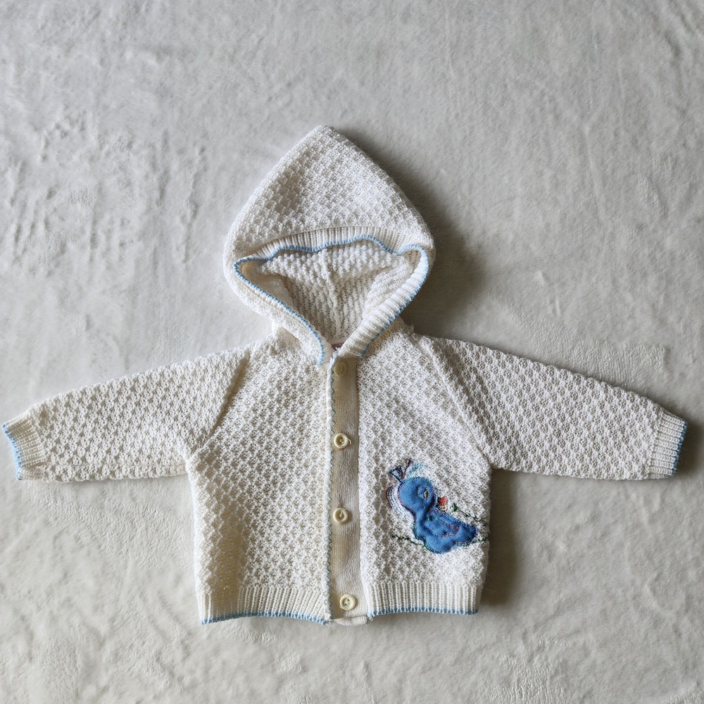 VTG Milton Hooded‎ Knit Cardigan Baby 0-3M White Bird Embroidery Cottage Italy